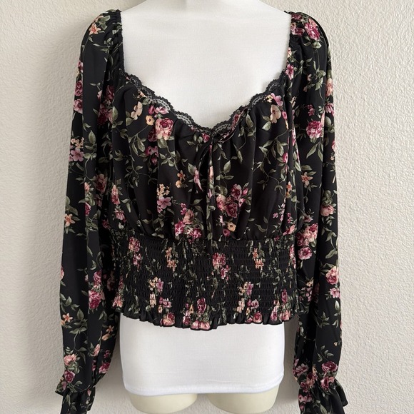 Forever 21 Tops - 1X XL Floral Boho Off the Shoulder Top Blouse Puff Sleeve Peasant Lace Trim